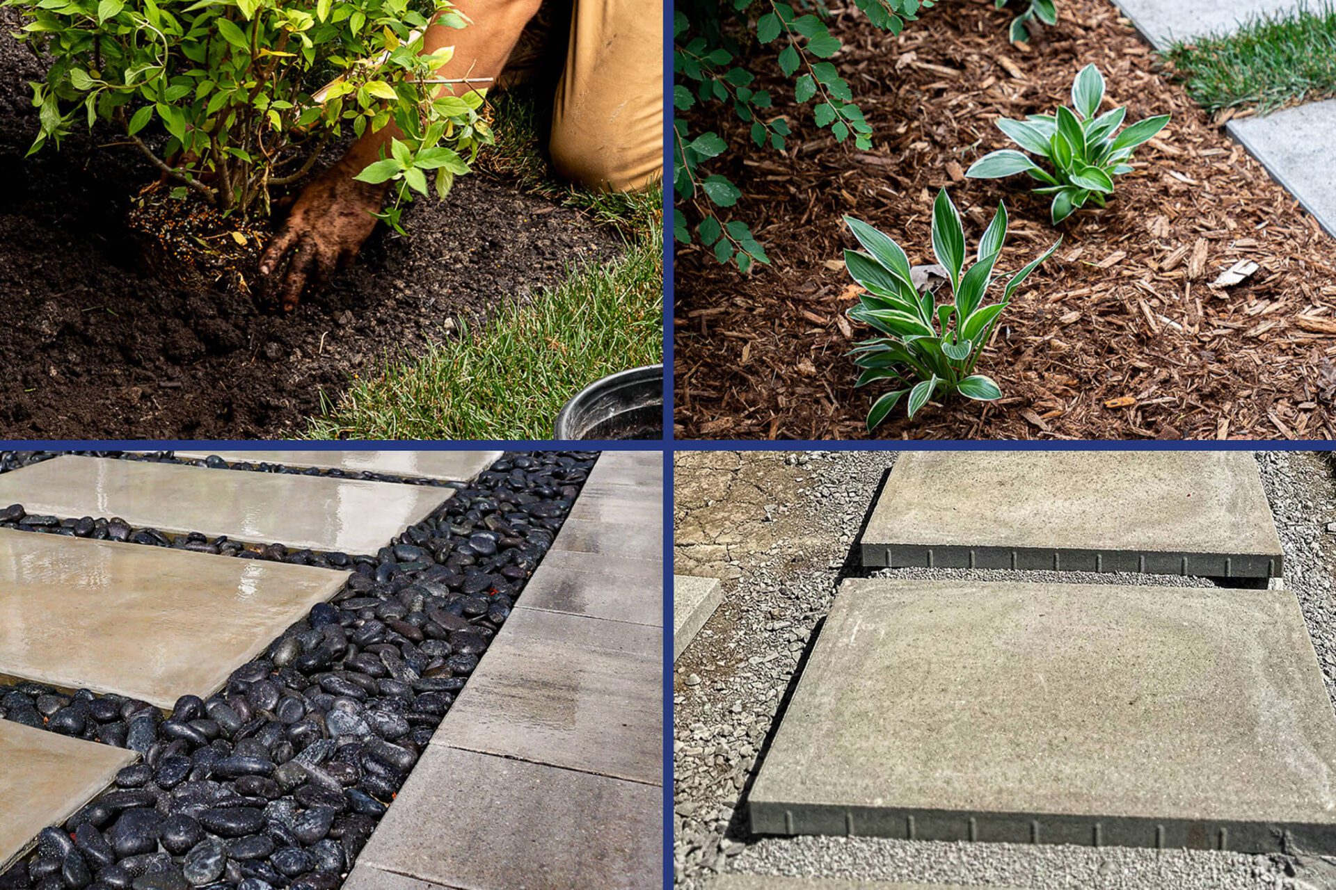 Landscaping essentials including soil, mulch, decorative stones, and aggregates